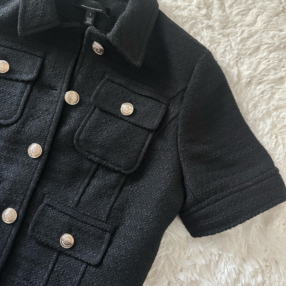 White House Black Market Black Short-Sleeve Bouclé Jacket with Gold Buttons